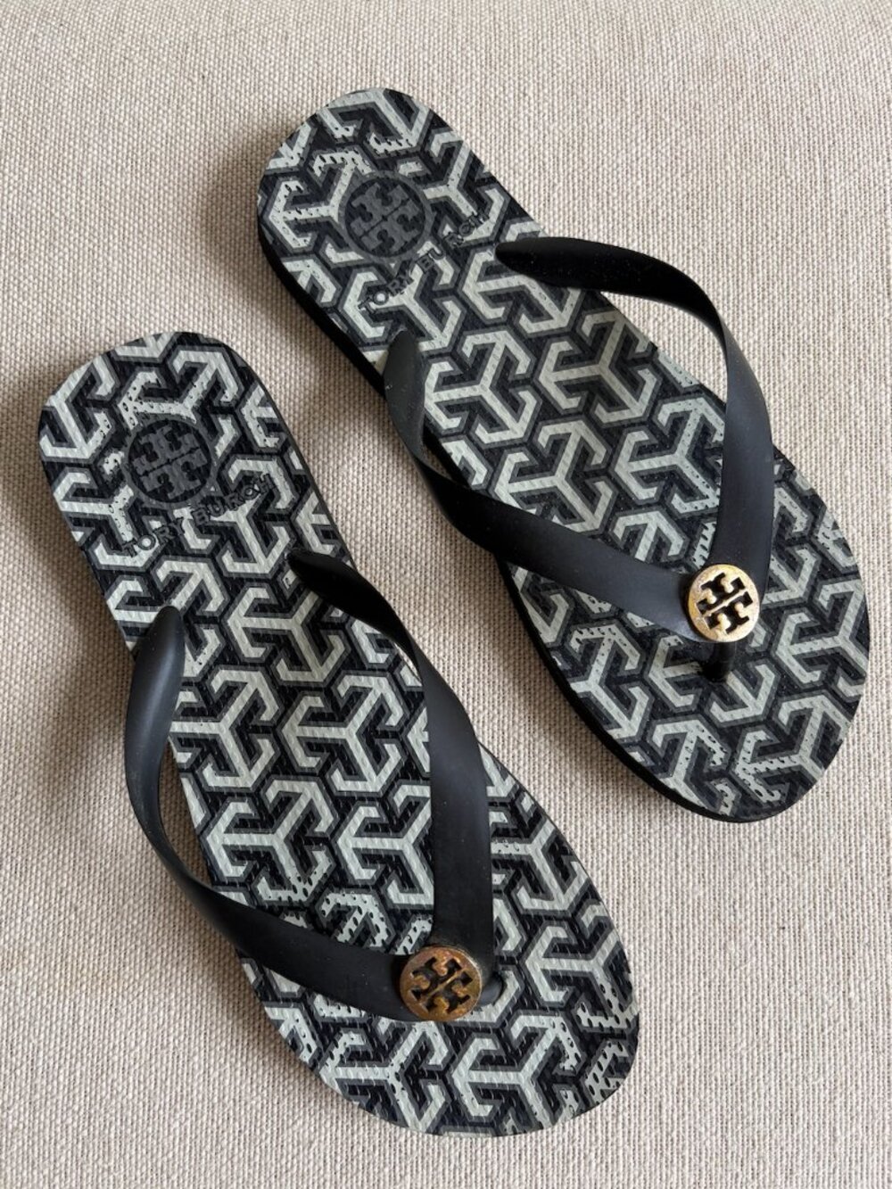 Tory Burch Black and White Logo Pattern Flip Flop Sandals